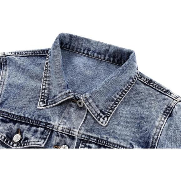 Women's Embroidered Rivet Pearl Short Denim Jacket Coat Snowflake Blue - Picture 3 of 5